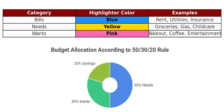 Budget allocation with color-coded categories and 50/30/20 pie chart