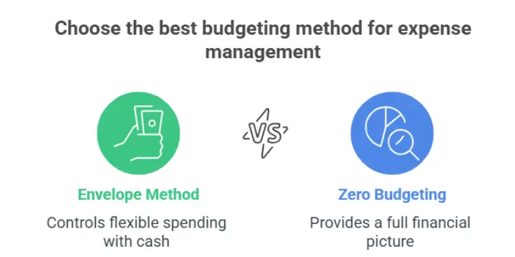 Illustration comparing zero budgeting and envelope budgeting with financial icons