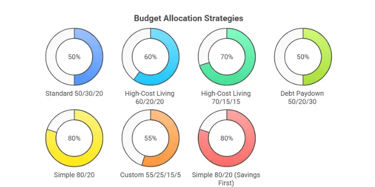 Circular charts showing different budget allocation strategies and percentages