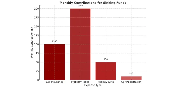 Bar chart of monthly contributions for different sinking fund categories.