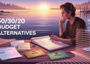 Illustration of a 50/30/20 budget planner with labeled envelopes by the water.