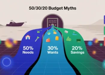 Graphic showing 50% Needs, 30% Wants, 20% Savings colored flows converging into a vault.