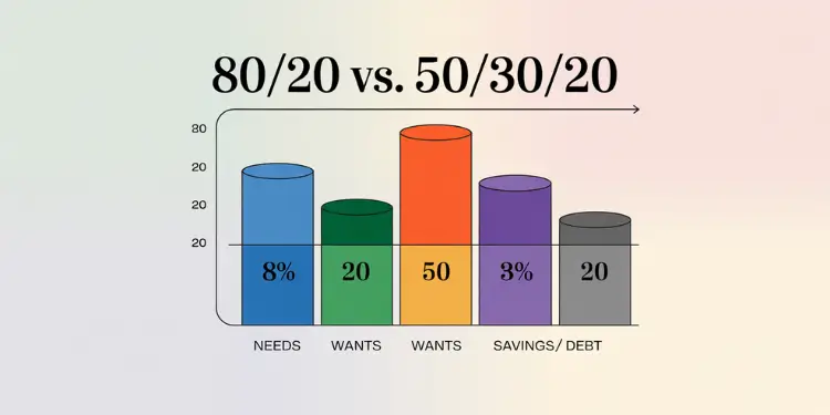 Colorful bar graph comparing needs, wants, and savings for 80/20 and 50/30/20 budgets.