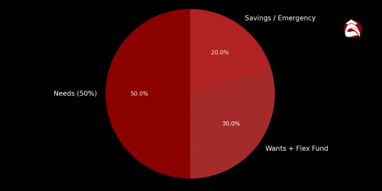 Pie chart with budget split: needs, wants, savings