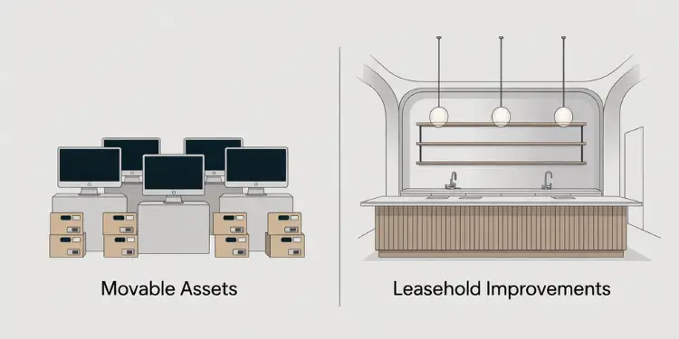 Side-by-side boxes clarifying movable assets & leasehold items