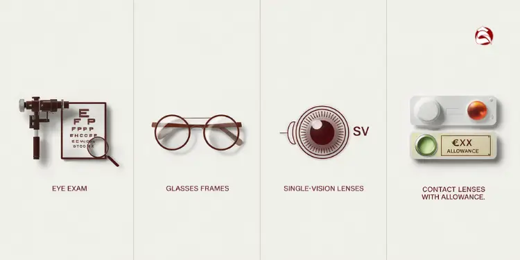 Icons representing eye exams, glasses, lenses, and contacts