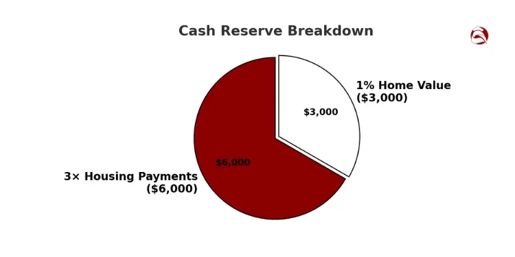 Pie chart showing $6,000 housing buffer and $3,000 home value reserve