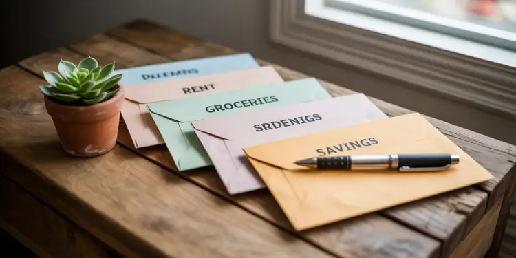 Wooden table displaying colored envelopes labeled groceries, rent and savings.