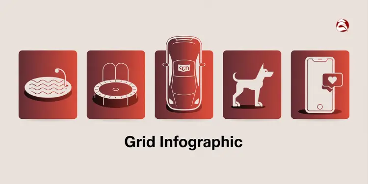 Icons of a pool, trampoline, car, dog, and social media