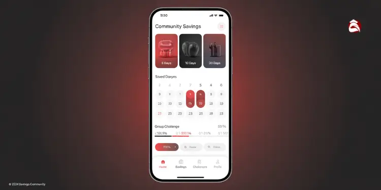 Savings app calendar showing group challenge and saved days