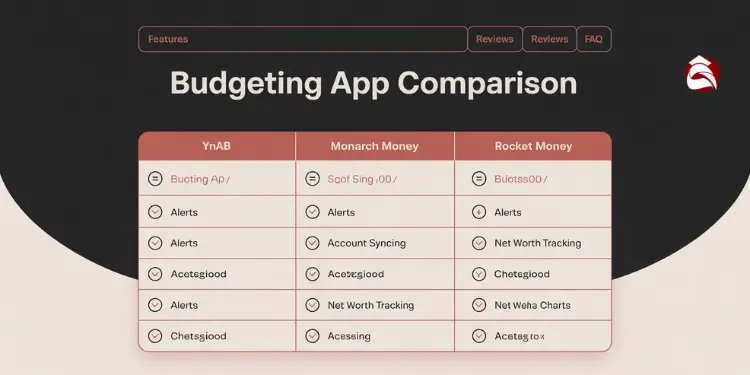 Feature comparison table for YNAB, Monarch Money, Rocket Money