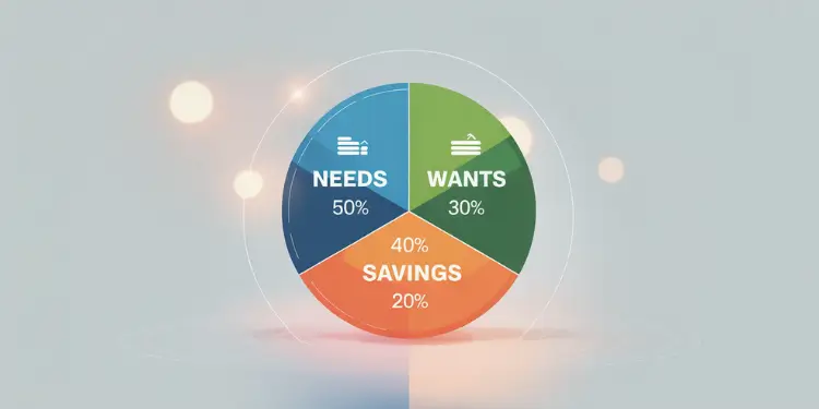 Pie chart labeled Needs 50 %, Wants 30 %, Savings 20 % illustrating the 50/30/20 rule.