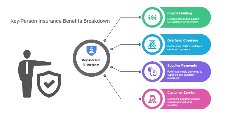 Infographic showing four benefit streams of key-person insurance: payroll, overhead, supplier, service.