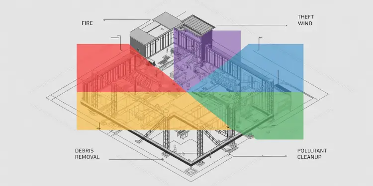 Cross-section diagram with colored zones for fire, theft, wind, debris, and pollutant cleanup coverage.