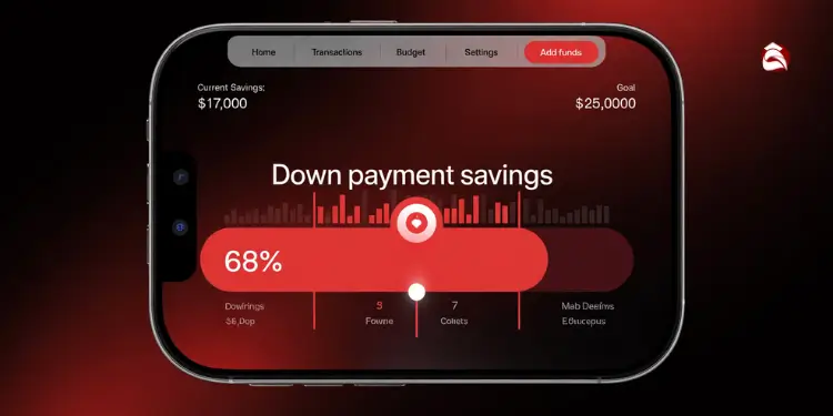 Mobile app showing 68% down payment savings progress