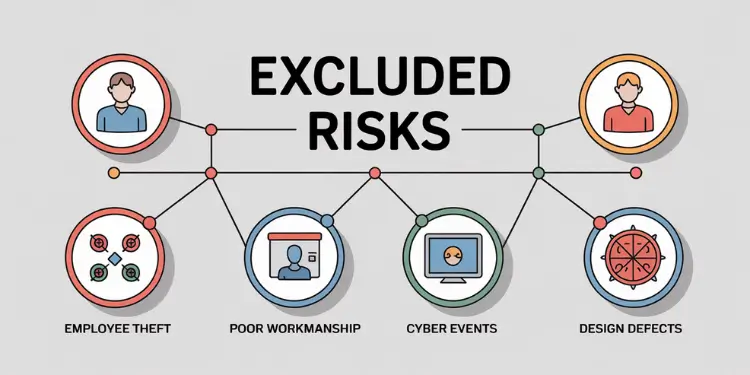 Diagram showing excluded risks: employee theft, workmanship errors, cyber incidents, and design flaws.