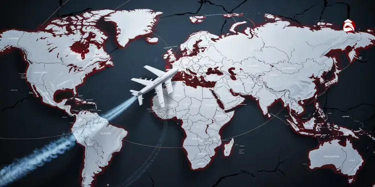 Airplane flying over a world map illustrating international coverage
