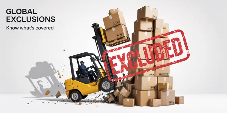 Forklift tipping a pile of boxes marked EXCLUDED, showing coverage exclusions.