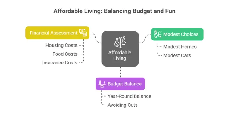 Flowchart showing housing assessment, modest living choices, and balanced budgeting.