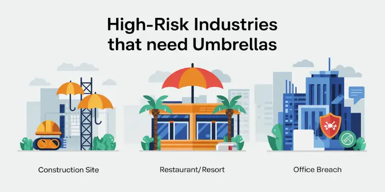 Stylized scenes of construction, resort, and office breach under protective umbrellas.