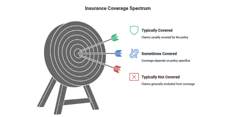 Target diagram with arrows showing covered, conditional, and excluded insurance items