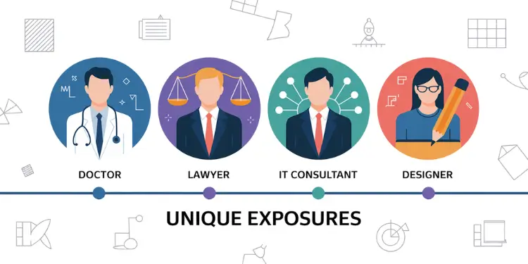 Icons illustrating unique professional liability risks per field