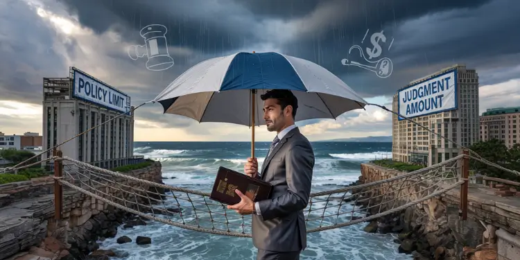 Businessman on rope bridge beneath umbrella spanning cliffs labeled Policy Limit and Judgment.