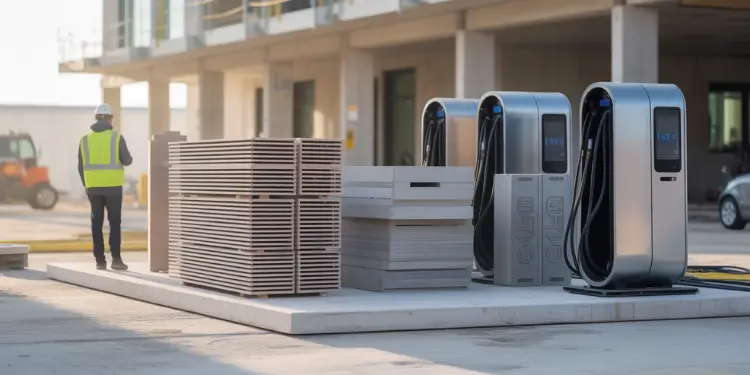 Worker walking past stacked panels and EV charging pods on an active construction site.