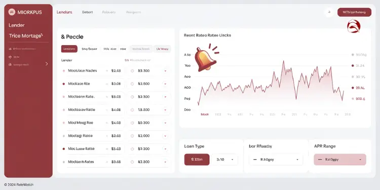 Dashboard displaying mortgage rates, lender list, and interest rate graph