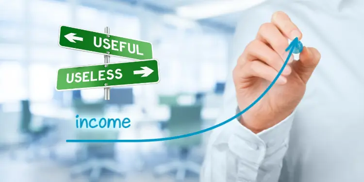 Directional signpost reading Useful and Useless with an upward ‘income’ trend arrow over office scene.