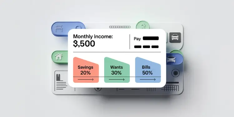 Graphic of a paycheck breakdown into Savings 20 %, Wants 30 %, and Bills 50 %.