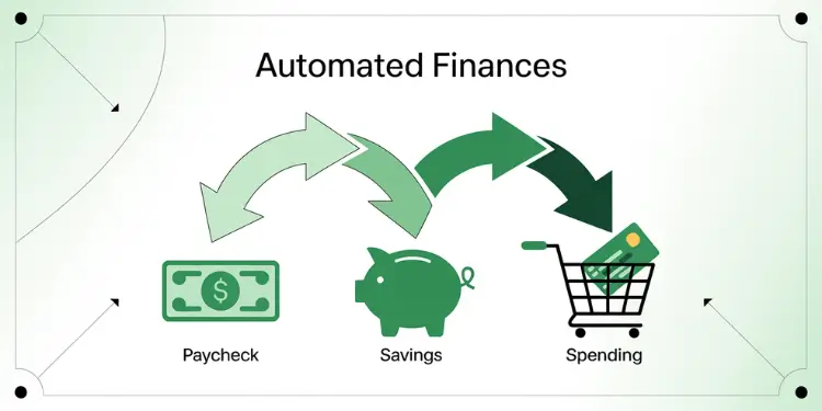 Arrow-based infographic illustrating paycheck directed to savings and then to spending.