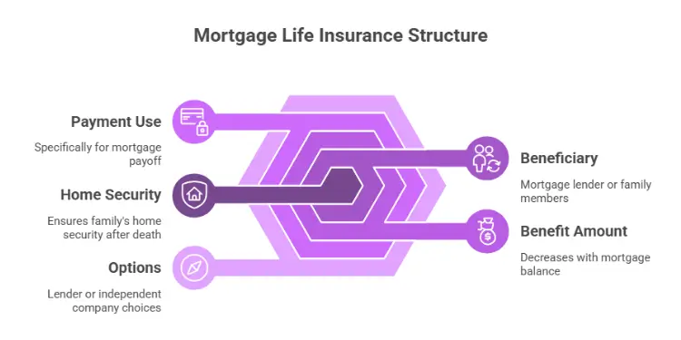 A schematic flowchart showing mortgage life insurance features: payment use, home security, beneficiary, and a decreasing benefit amount.