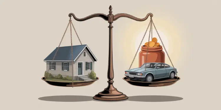 Illustration of a balance scale with a house on one side and car with a jar of coins on the other.