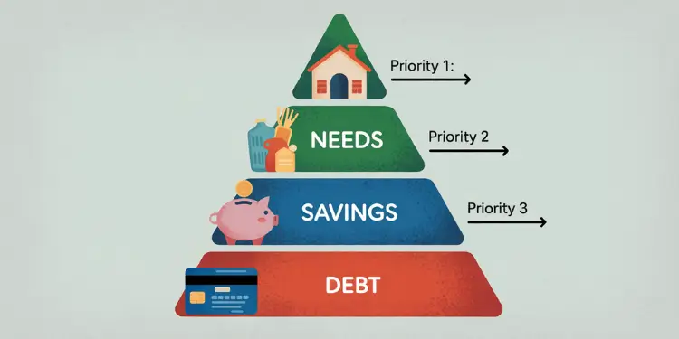Illustration of a three-level budget priority pyramid with needs, savings and debt.