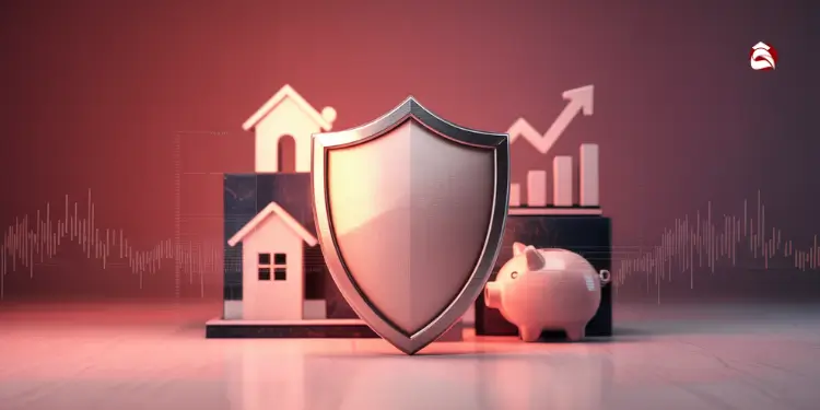 Shield protecting a home, piggy bank, and upward graph