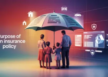 Illustration of family under umbrella shielding icons of home car health finances.