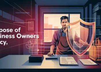 Shop owner behind counter protected by a shield symbolizing insurance coverage.