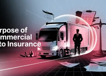 Commercial truck with shield, scales of justice, and documents symbolizing auto insurance.