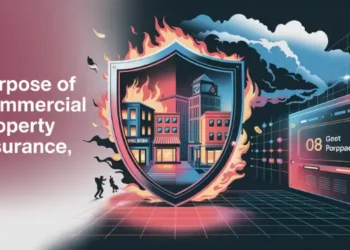 Graphic of a shield guarding buildings from fire to symbolize commercial property coverage.
