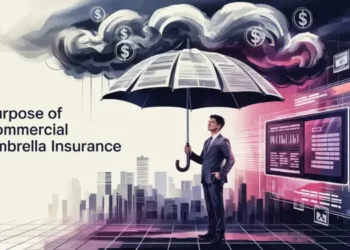 Professional under umbrella shielding urban skyline and data panels from dollar clouds.