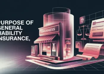 Illustration of a small business storefront shielded by insurance elements, legal icons.