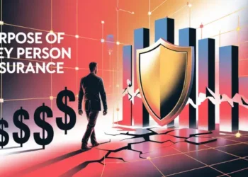 Graphic of person and shield before bar charts symbolizing insurance protection.