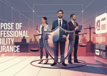 Vector artwork of professionals protected by a shield with legal scales and policy docs
