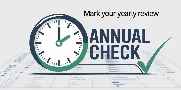 Graphic showing a clock and ‘ANNUAL CHECK’ text over budget sheets for yearly review.