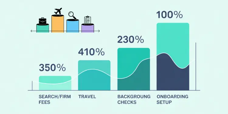 Vertical bars showing percentages of recruitment expenses for search, travel, checks, and onboarding.