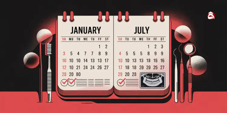 Calendar showing dental visits in January and July with dental tools