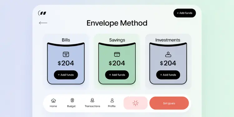 Screenshot of a mobile app displaying digital envelopes for bills, savings, and investment goals.