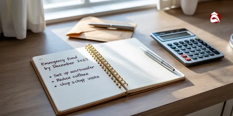 Open notebook with written savings goals and steps