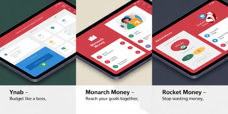 YNAB, Monarch Money, Rocket Money app previews on tablets